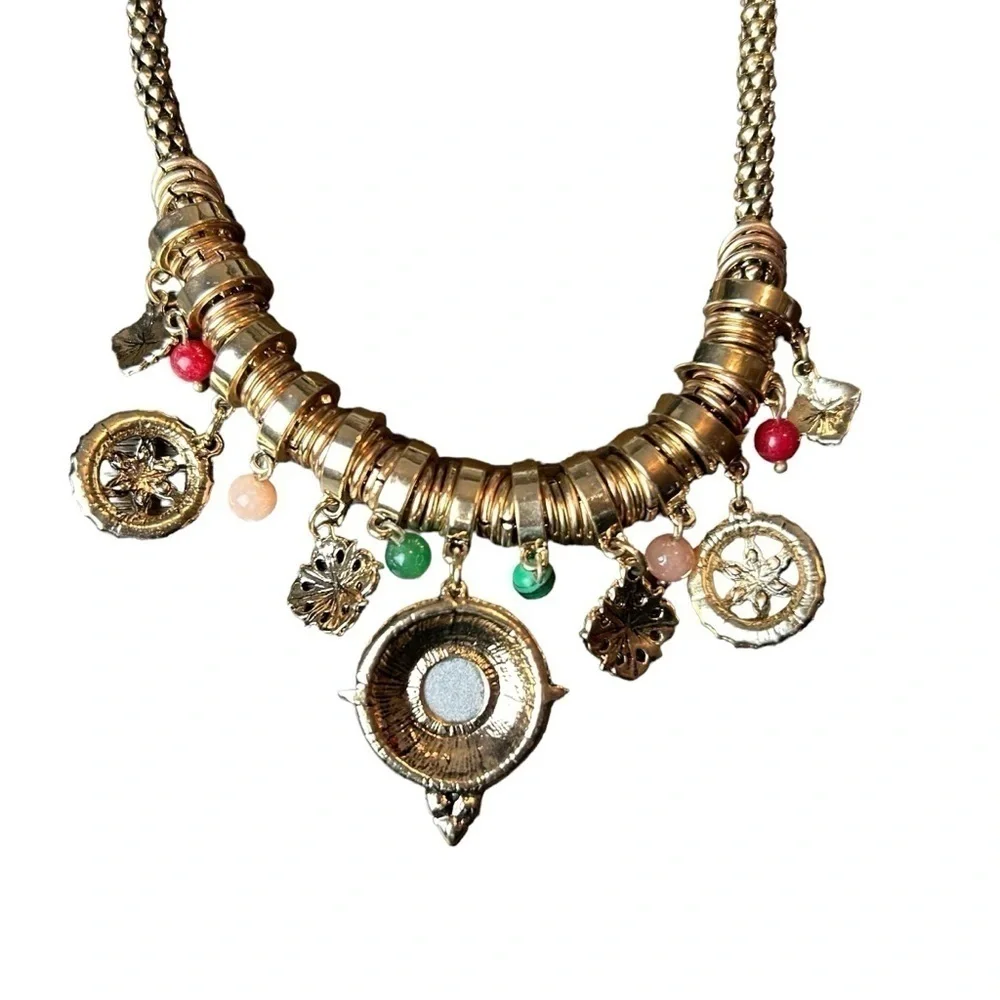 Gold Tone Necklace W/ Jewel Tone Beaded & Rhinestone Charms and Medallions - Picture 6 of 16